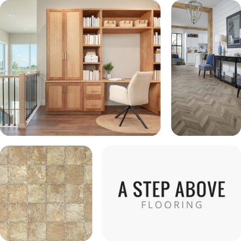 Office, living area, tile flooring and Step Above flooring logo